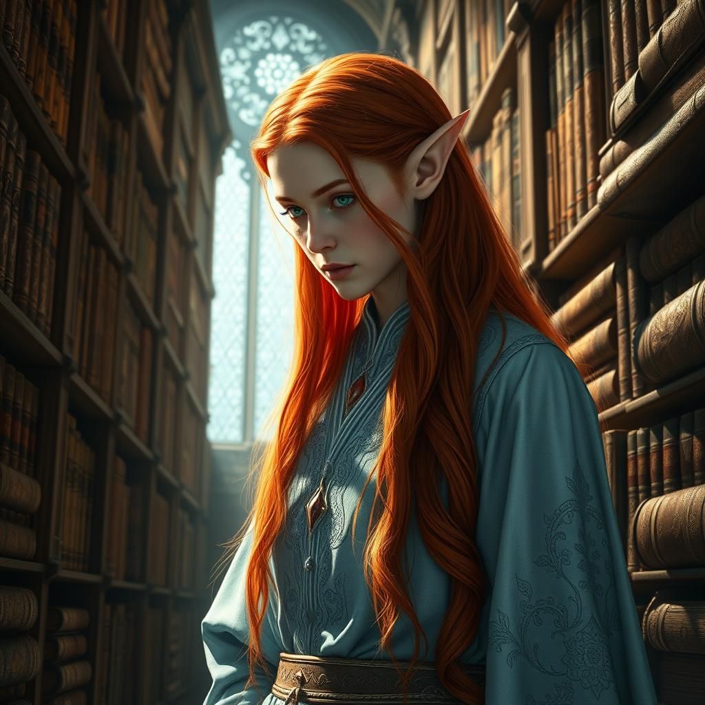 Fantasy Elf in Mystical Library, Digital Art