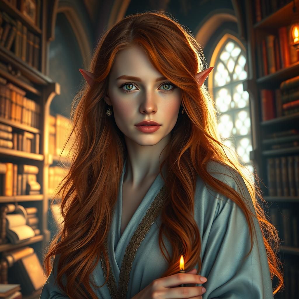 Porcelain Skinned Elf Maiden in Mystical Library