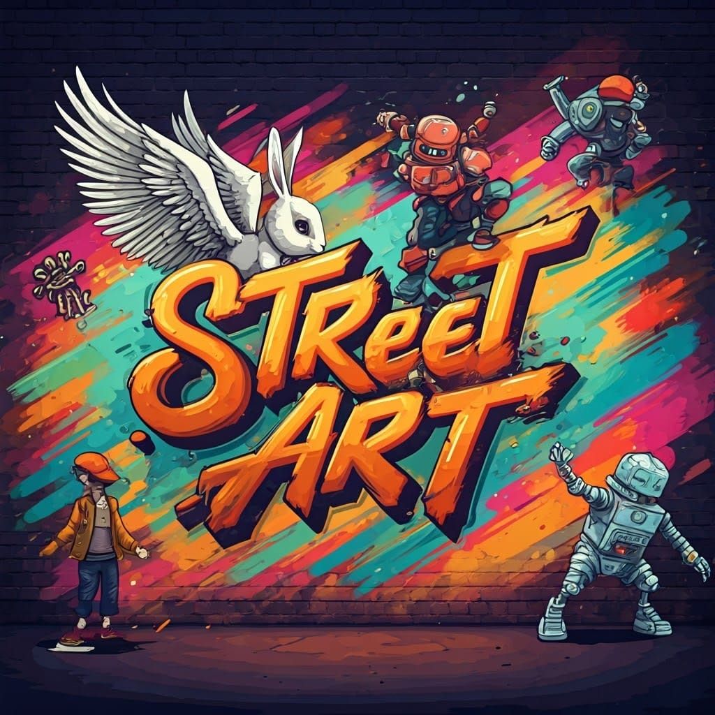 Dynamic Graffiti Mural with Winged Rabbit and Robot