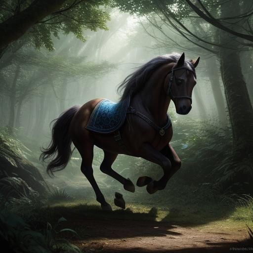 Horse Galloping Through Lush Forest: Fantasy Matte Painting