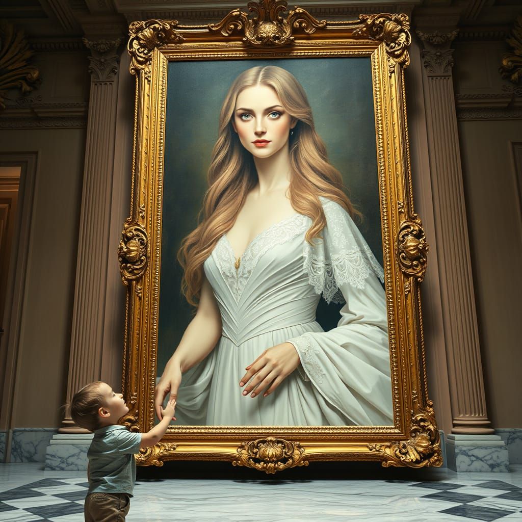 Boy Reaches for Baroque Painting's Serene Muse