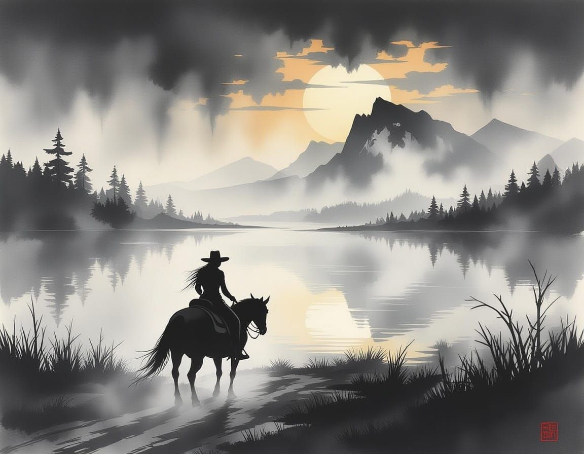 Cowgirl in Gothic Mist Landscape, Sumi-e Style