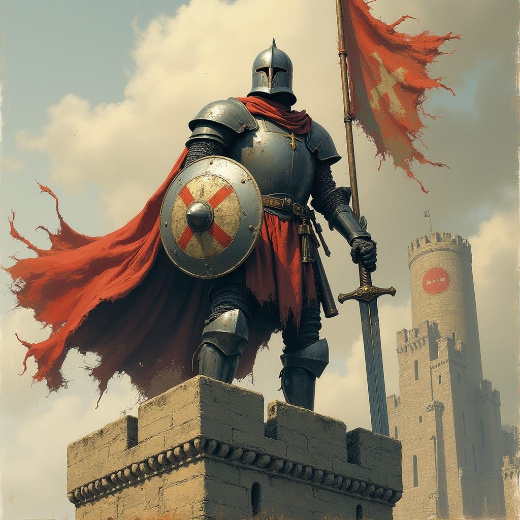 Gritty Medieval Knight Standing on Ruined Castle Tower