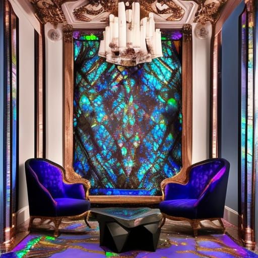 Rainbow moonstone walls with purple Labradorite accents& cobalt blue Labradorite frames& Rose gold& accents& Black opal ...