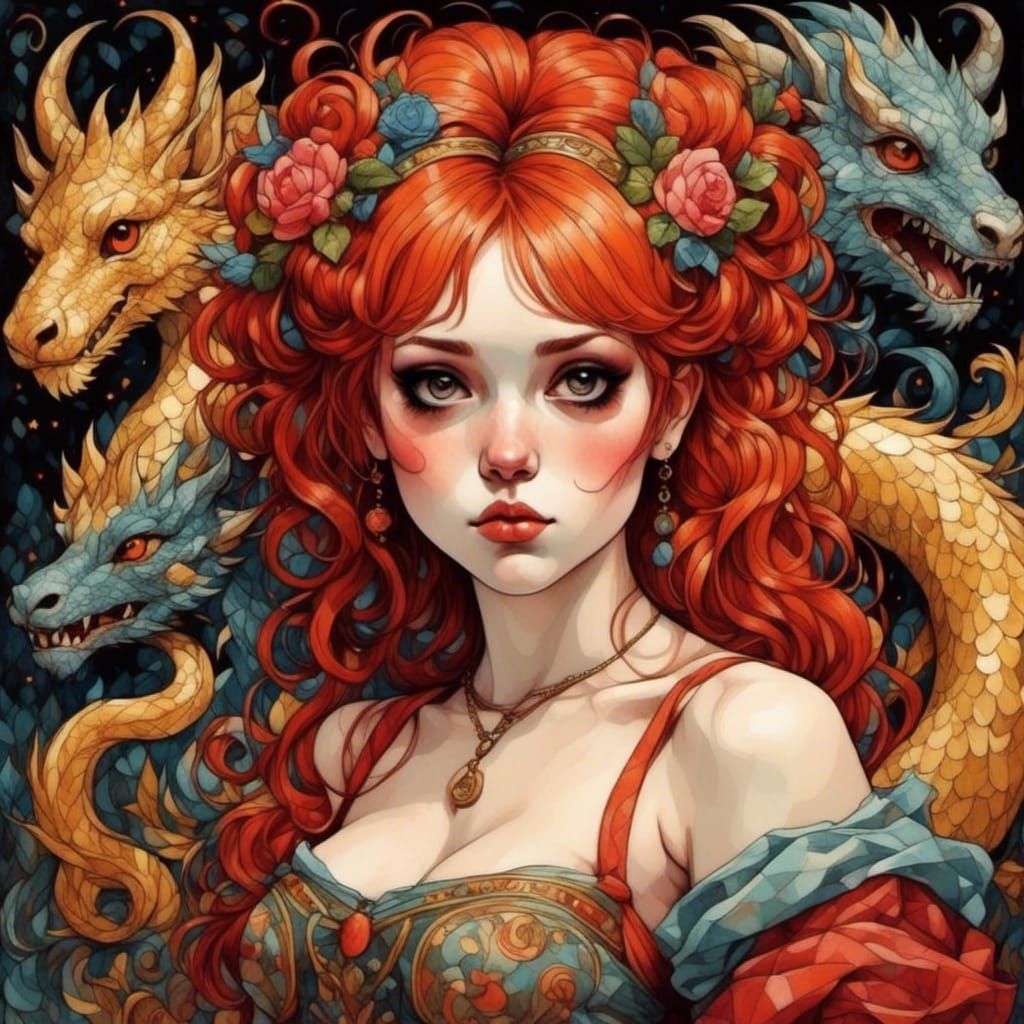 Dragon Demon Queen in Klimt-Renoir Style