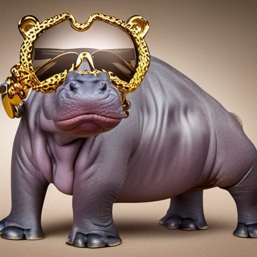 Hippopotamus Rapper with Golden Chain and Sunglasses