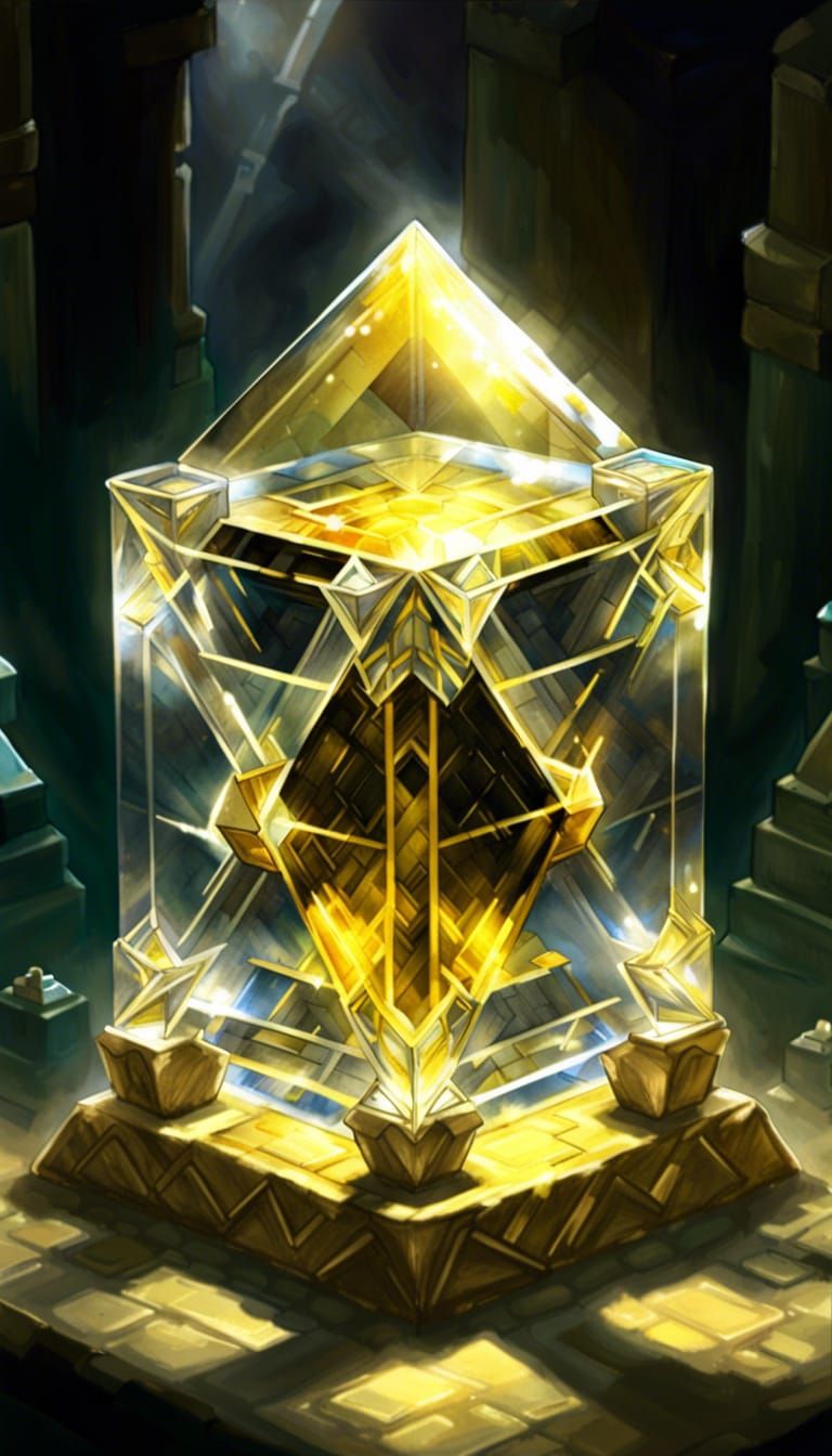 Legend of zelda, shining golden triforce, trapped in a transparent cube made of crystal, sealed away, crystal,glass cube...