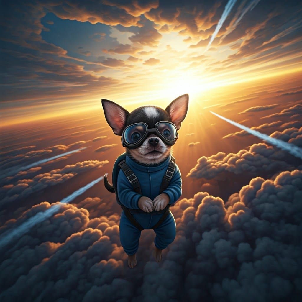 Chihuahua Skydiving in Golden Sunset, Digital Art