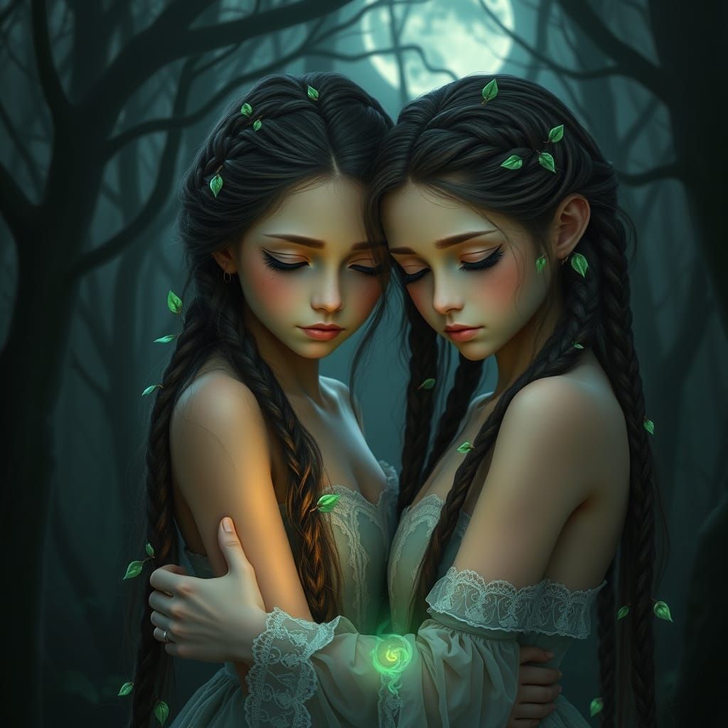 Two Fantasy Women Share a Tender Moment in a Moonlit Forest