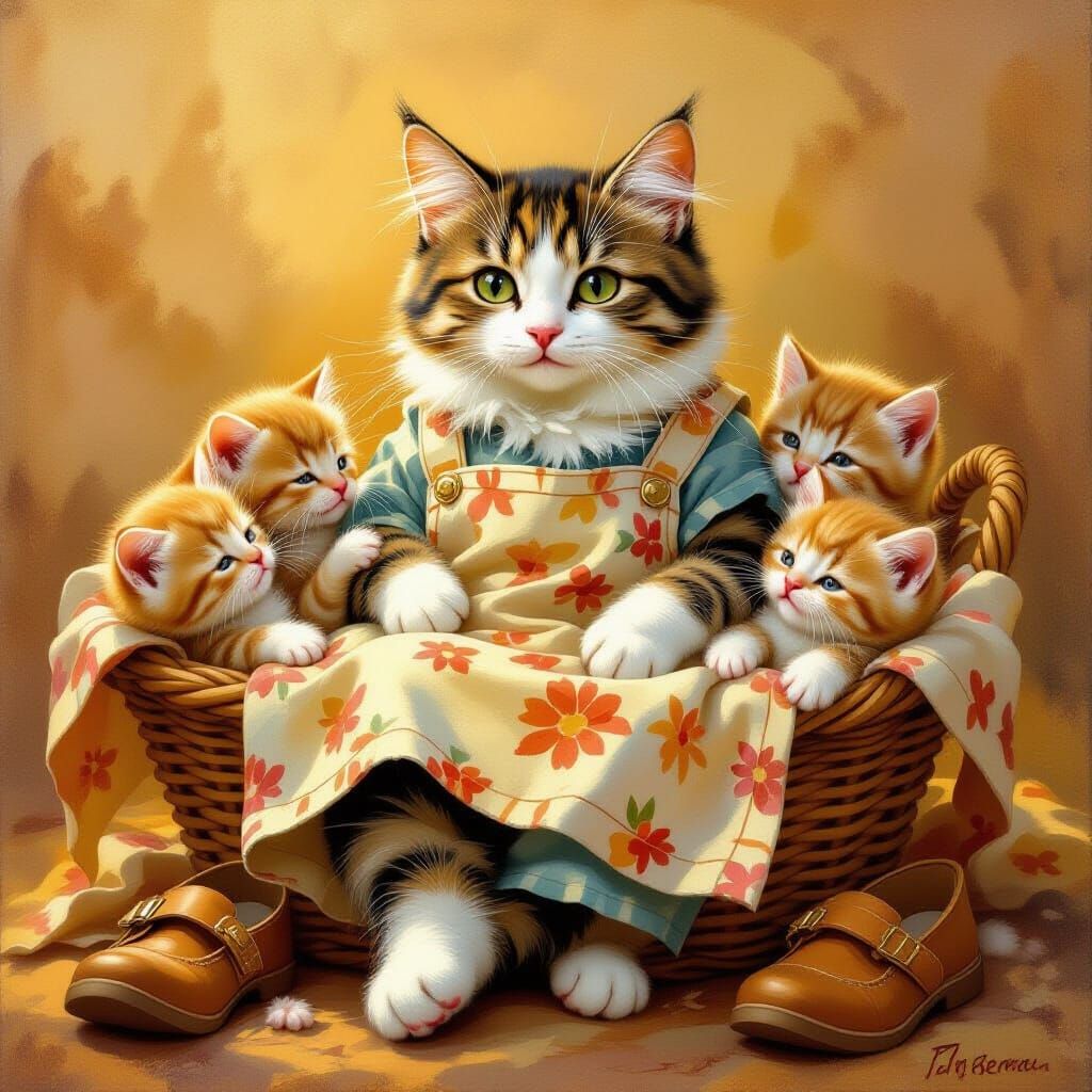 Mother Cat and Kittens in Basket, Oil Painting