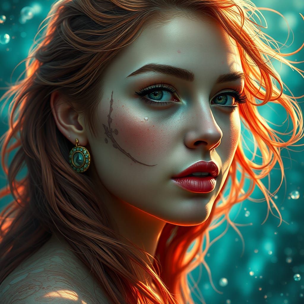 Mermaid Hunting in Coral Reef, Art Nouveau Portrait