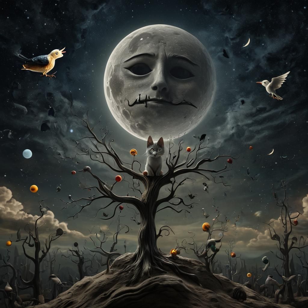 Surreal Cat and Bird Dreamscape as Oil Painting