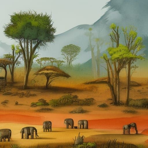 Elephants Wander Desert Landscape with Castle Ruins
