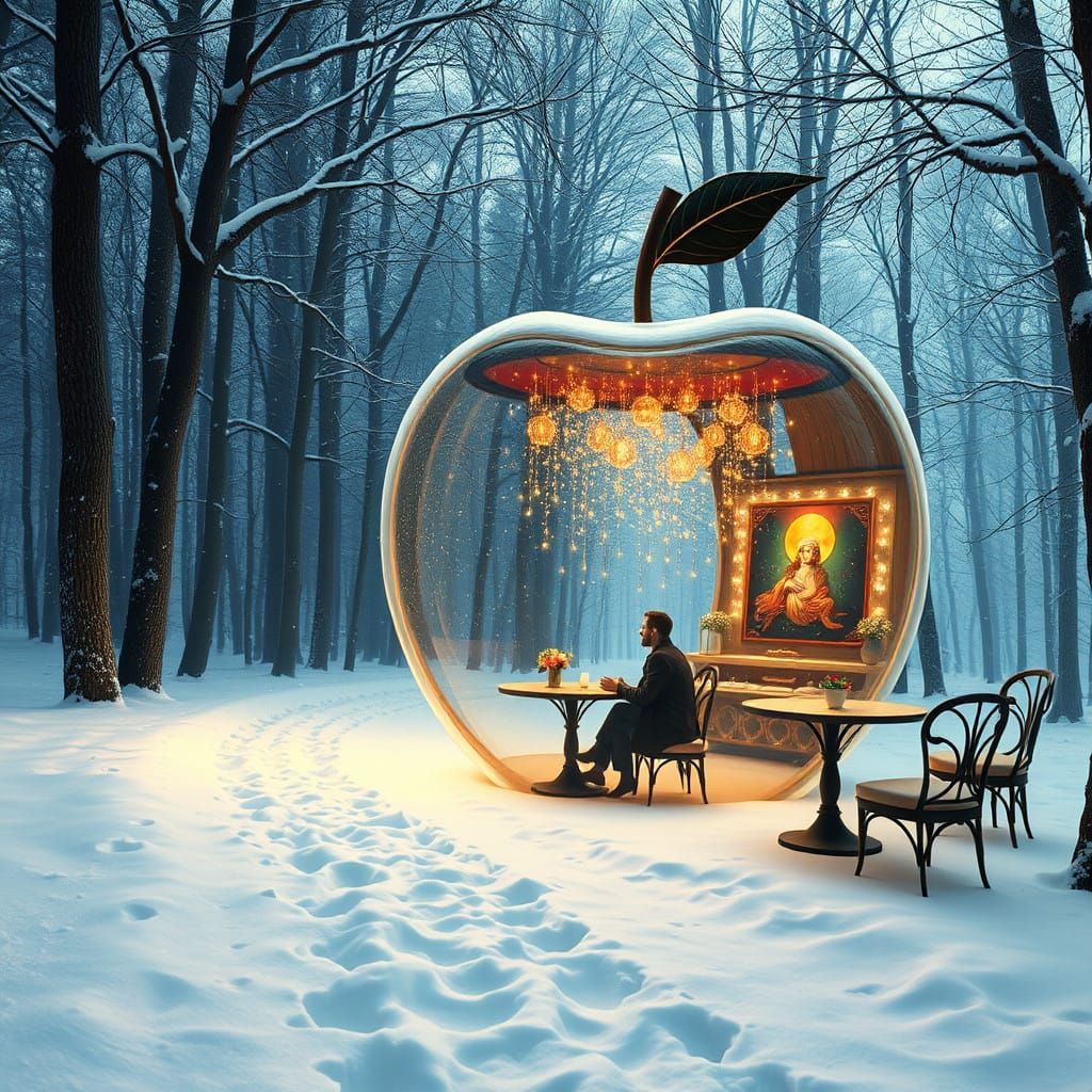 Snowy Forest Cafe with Glowing Apple and Surrealist Art