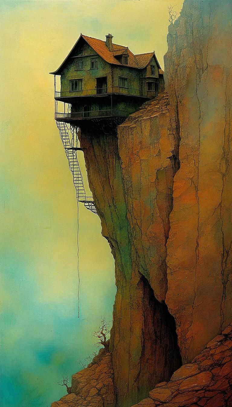 Otherworldly Alcohol Ink House on a Vertigo Cliff
