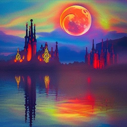 Gaudi Architecture at Sunset Under Blood Moon