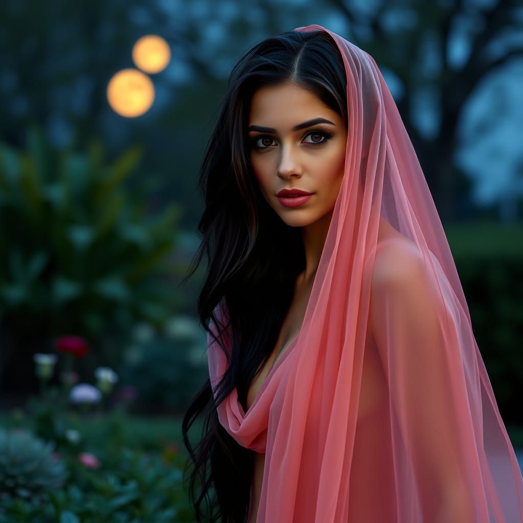 Mysterious Spanish Beauty Under Moonlit Garden Veil