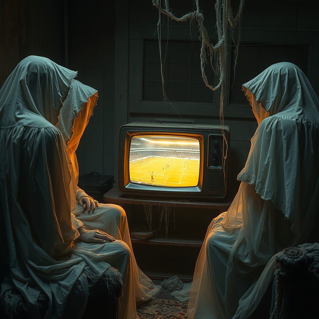 Ethereal Spirits Gather Around a Vintage TV to Watch Soccer