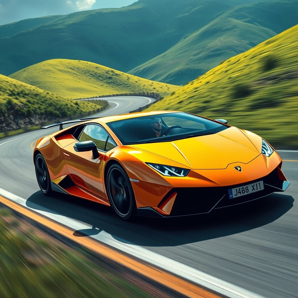 Sleek Hypercar Speeds Down Winding Road in Lush Countryside