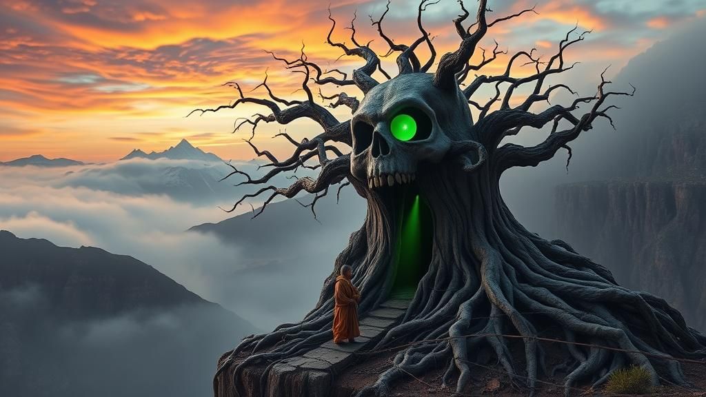 Mystical Tree Portal Beckons Monk at Dusk