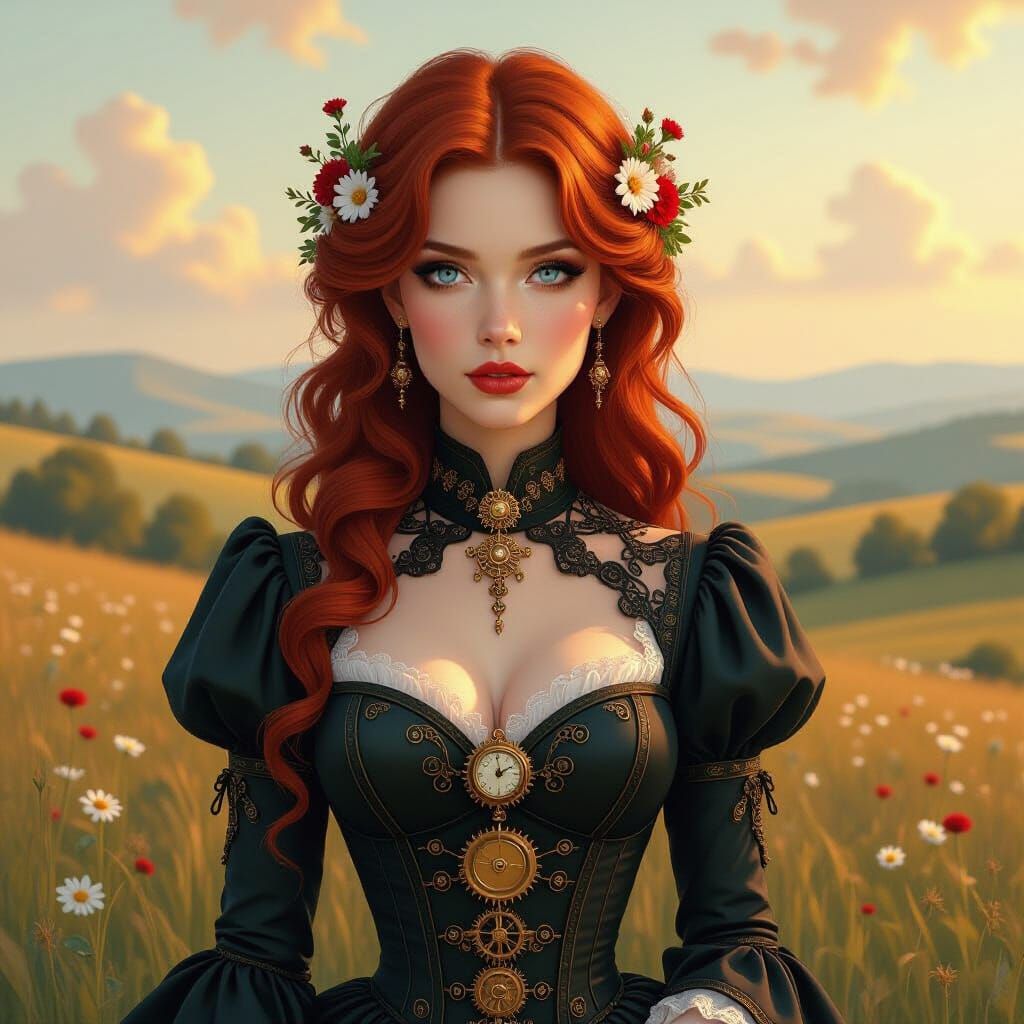 Steampunk Beauty with Wildflowers, in Photorealistic Style