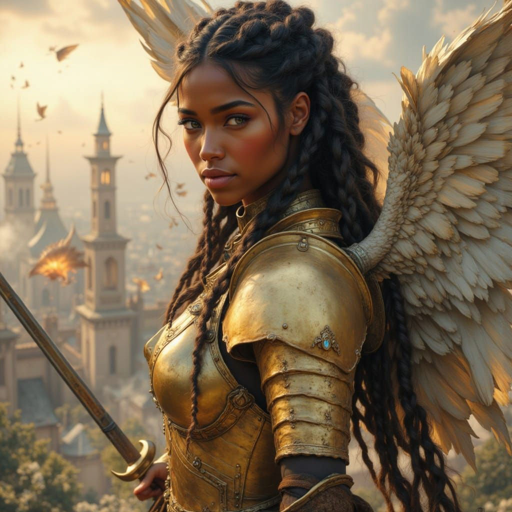 Glistening Winged Warrior Angel Above Cloud City