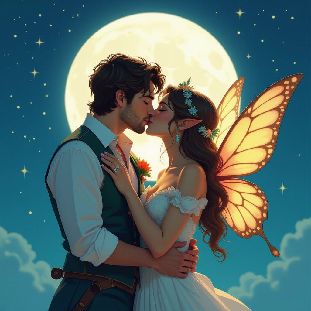 Fairy Couple Kissing in Moonlight, Alcohol Line Art