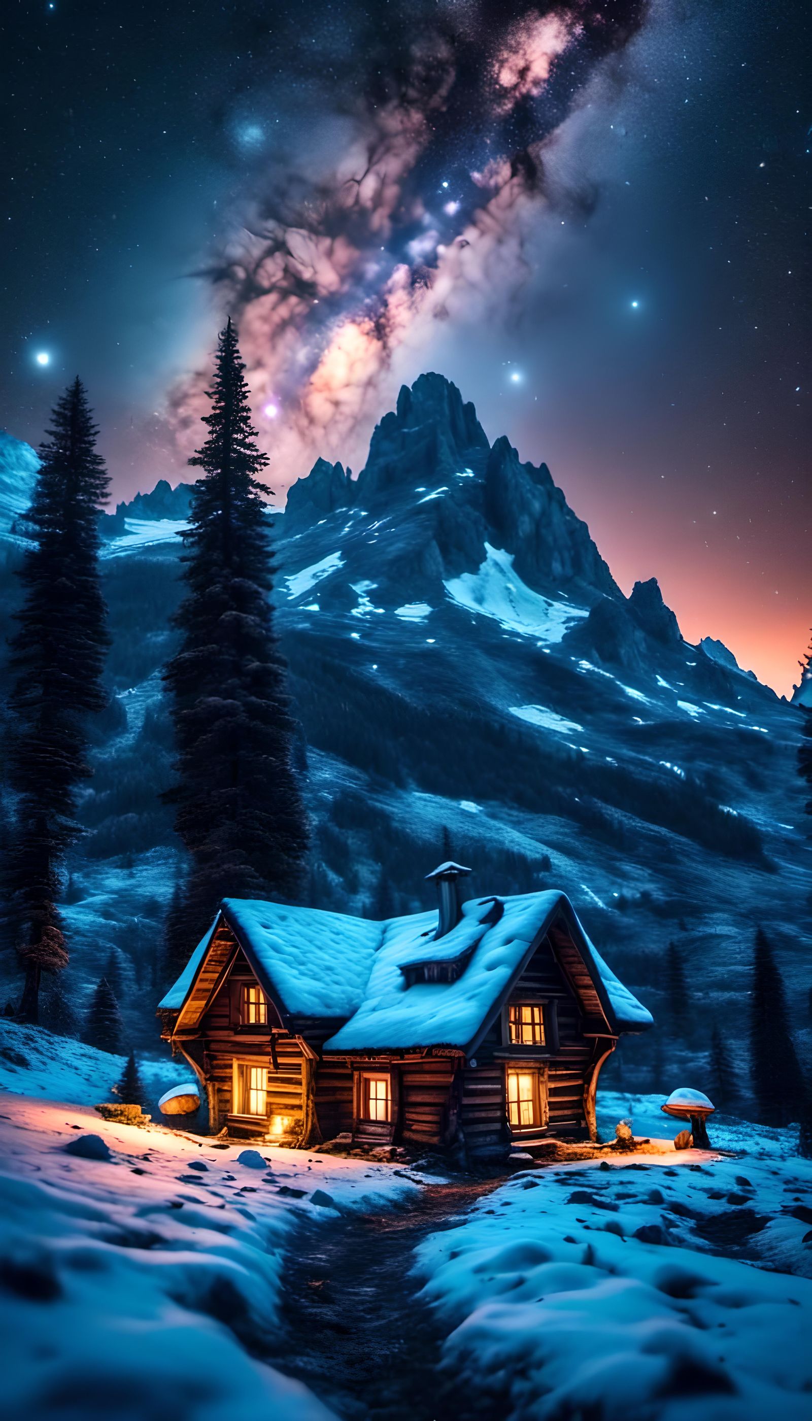 Sparkly Night Under Milky Way With Snowy Cottage