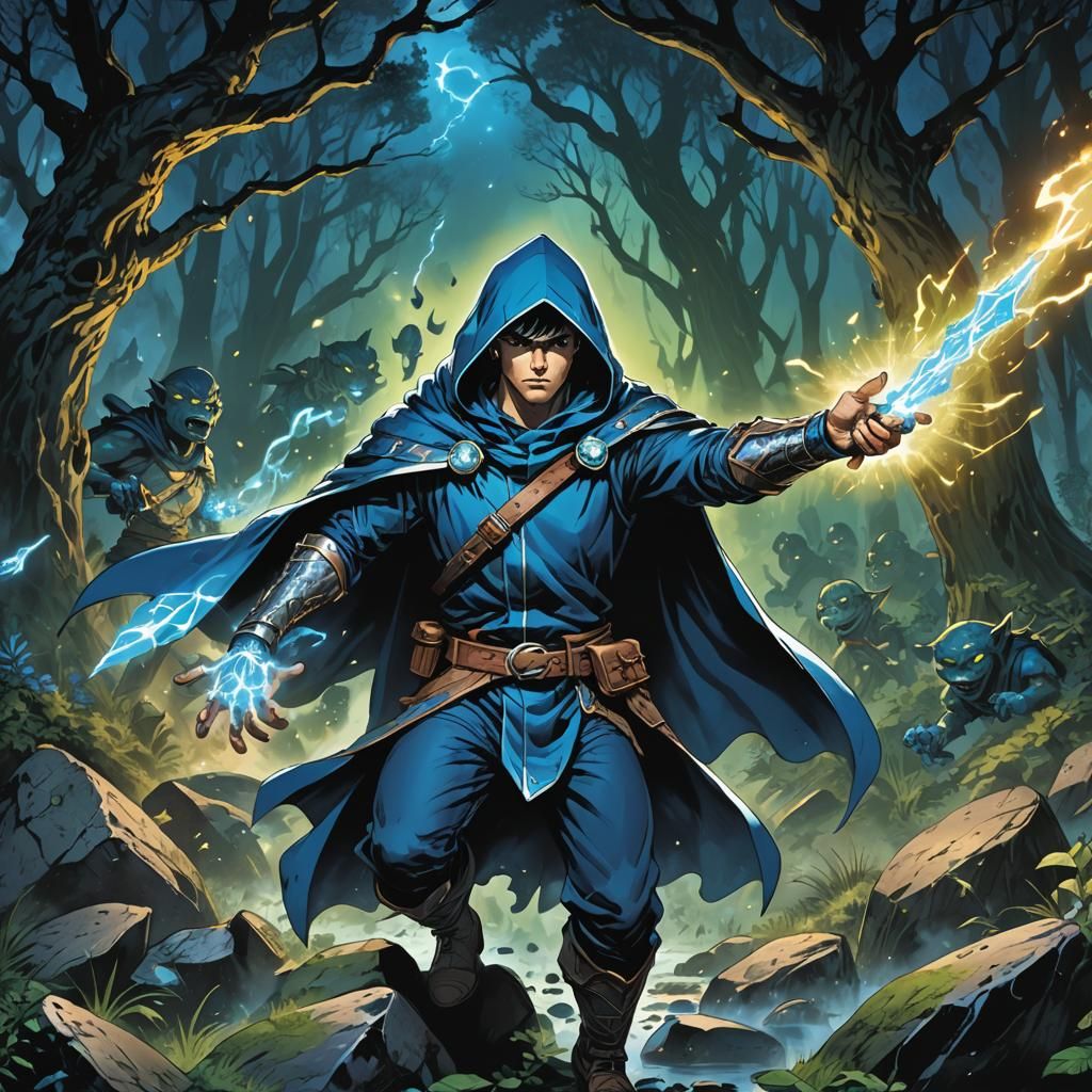 A blue mage fighting goblins in the forest.