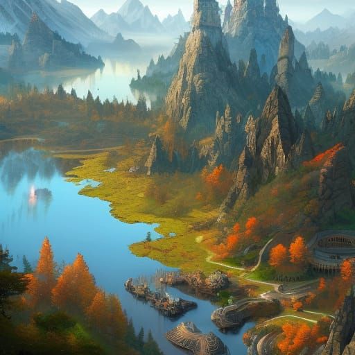 Ancient Fantasy City Bird's Eye View in Detailed Matte Paint...