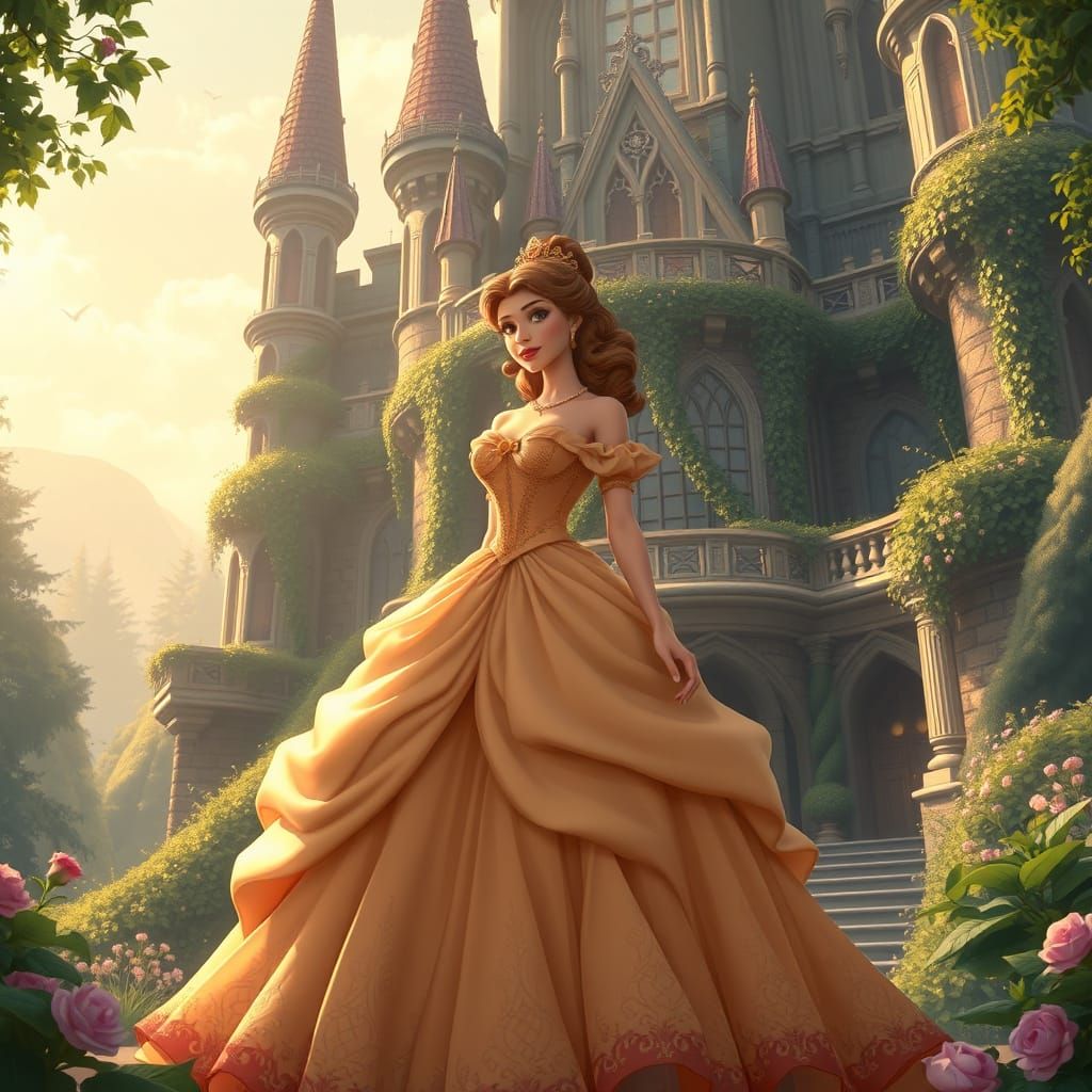 Elegant Disney Princess in Fairy Tale Castle