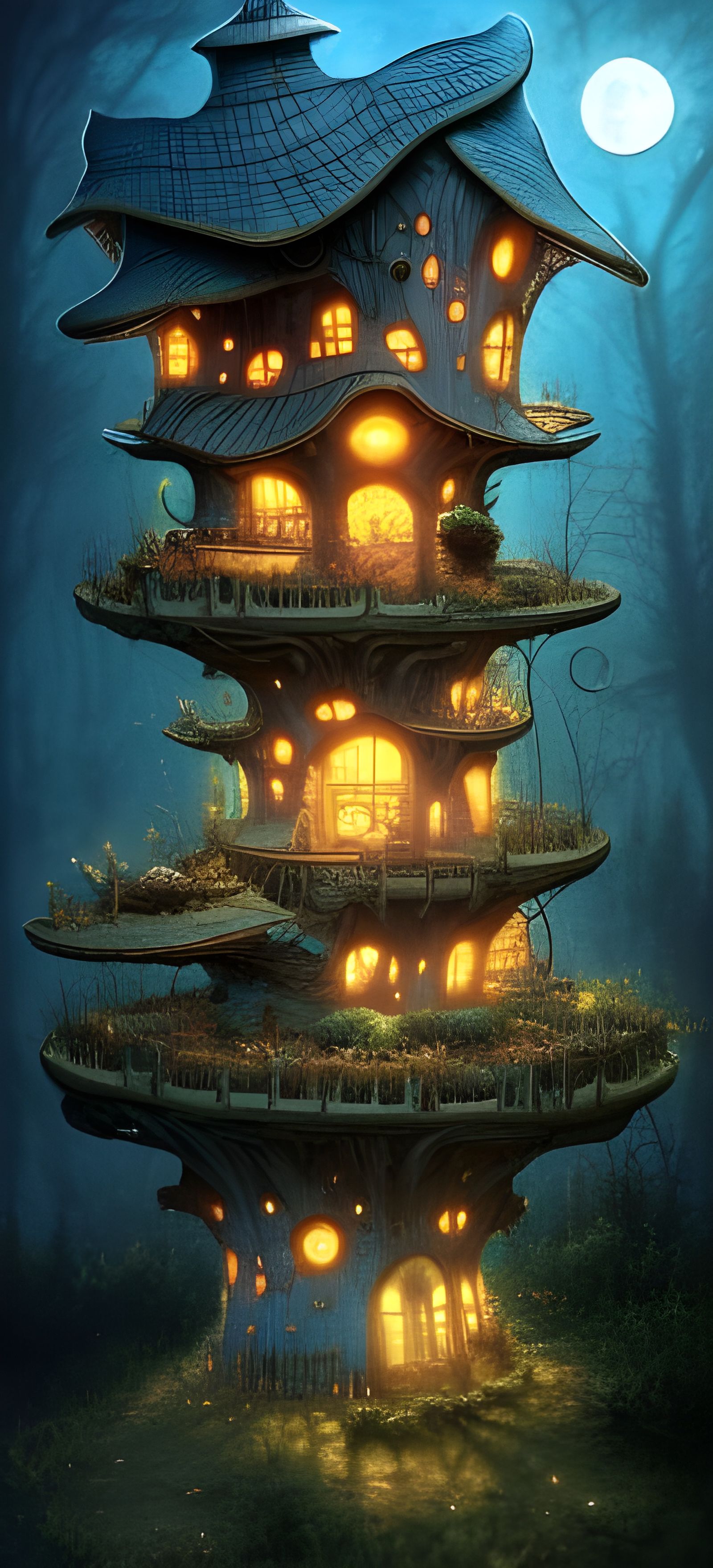 Blue Toadstool Treehouse Farm Under Moonlight