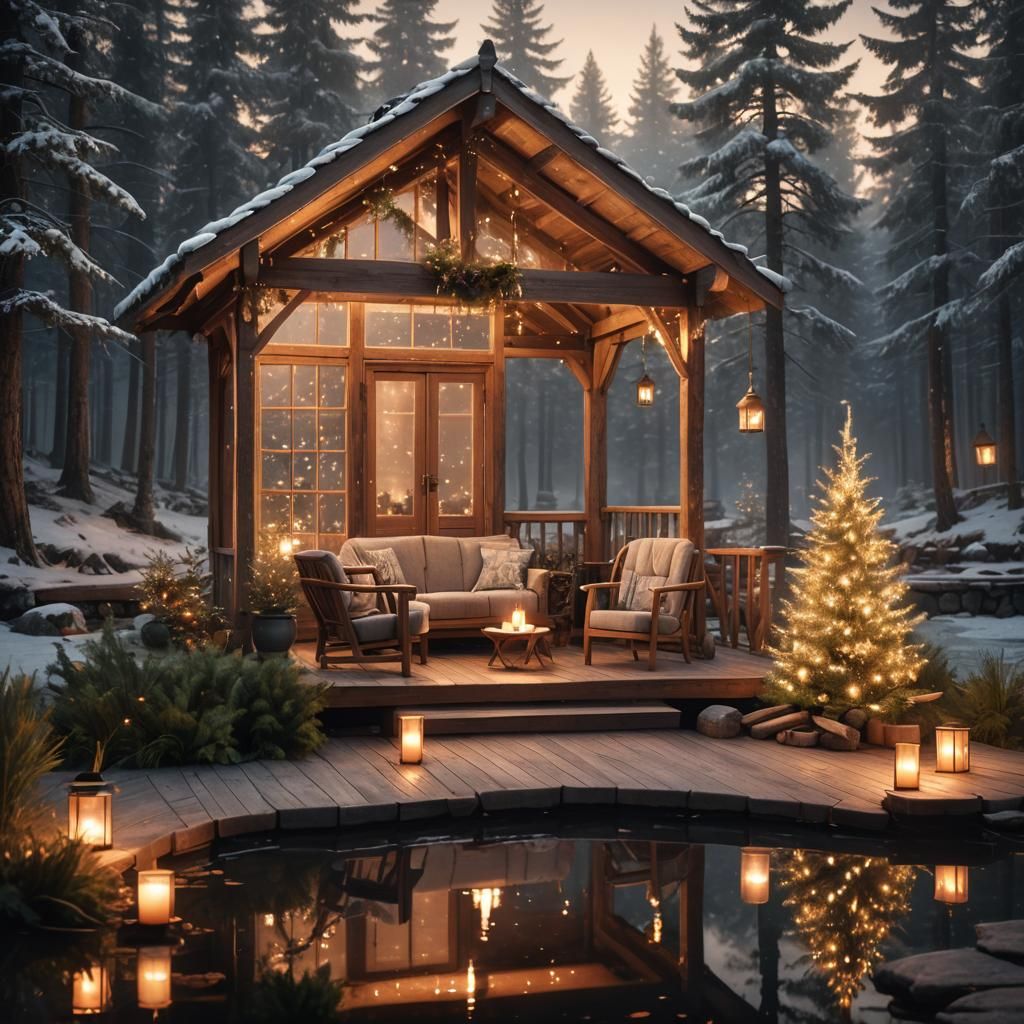 Cozy Pond House Terrace at Twilight