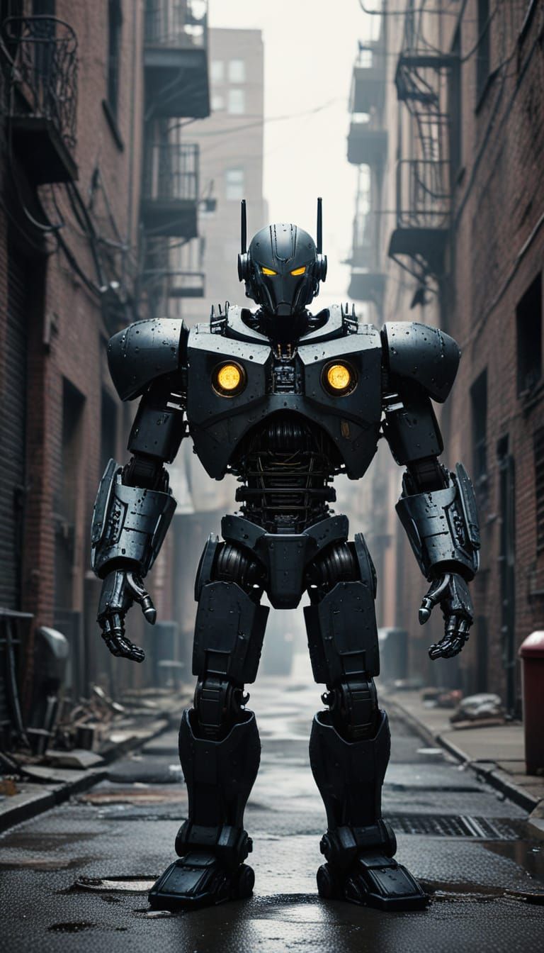 Evil Robot Overlord in 1950s Retro City Alleyway