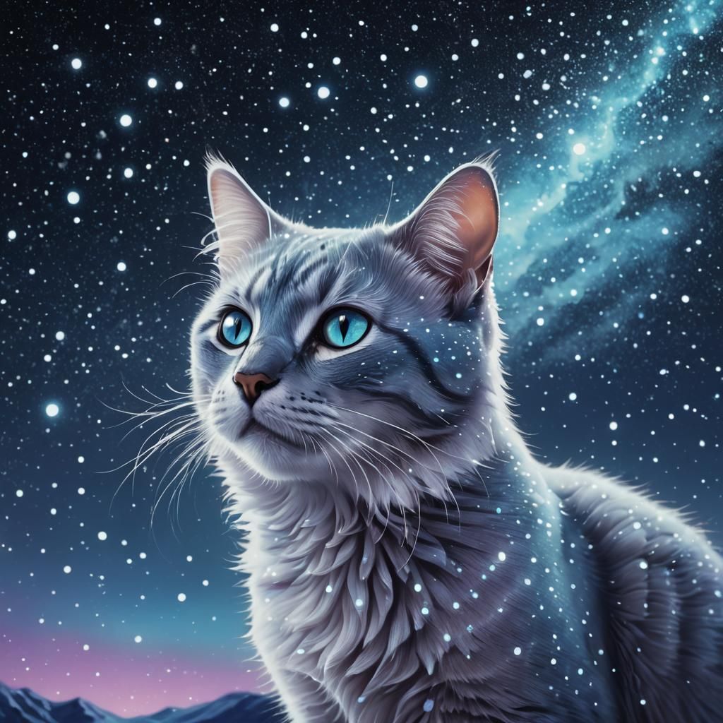 Glowing Stardust Cat in Starry Night Sky