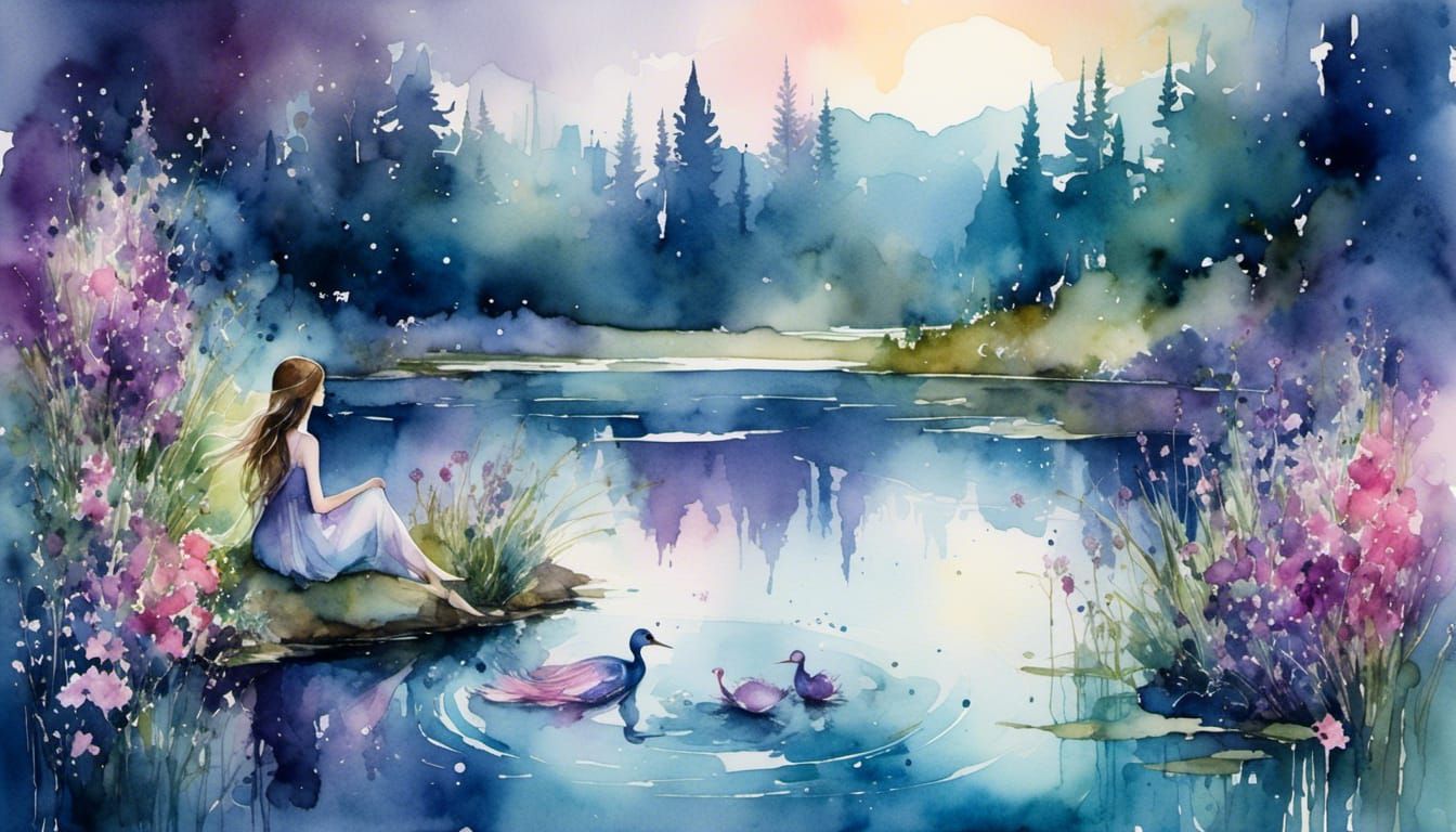 Dreamy Twilight Nymph by Pond in Watercolor