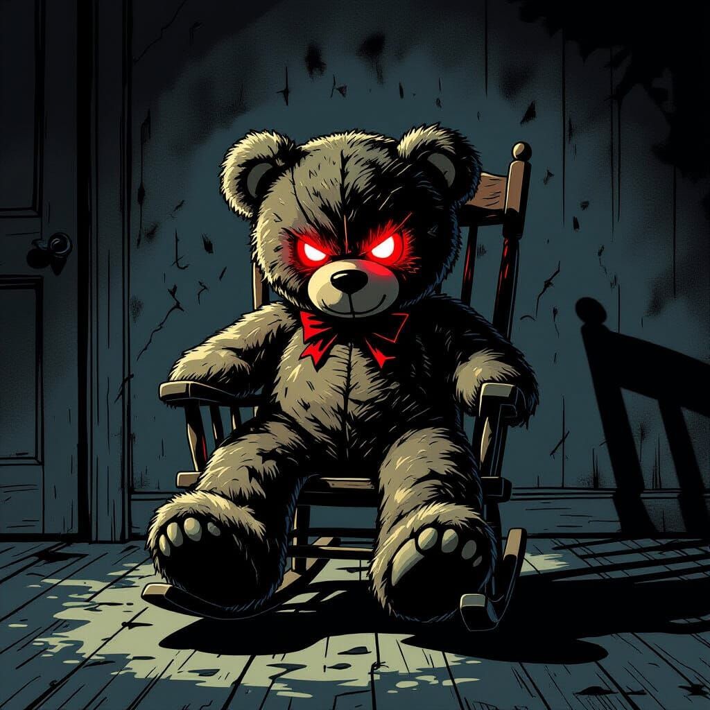 Menacing Teddy Bear with LED Eye on Dusty Chair