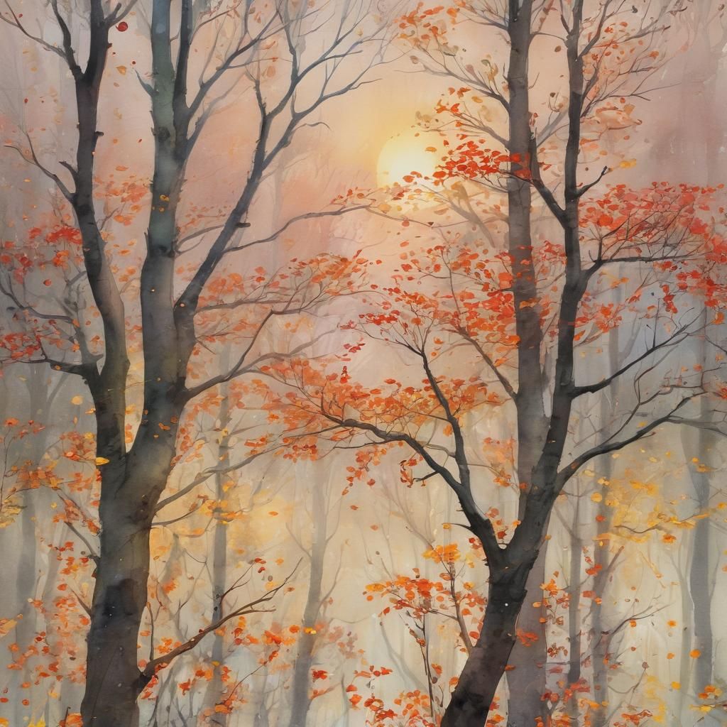 Rainy Autumn Landscape in Watercolor and Ink Style