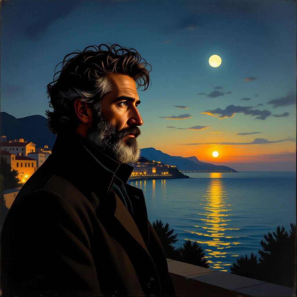 Elegant Man Contemplates Night Coast as Baroque Painting