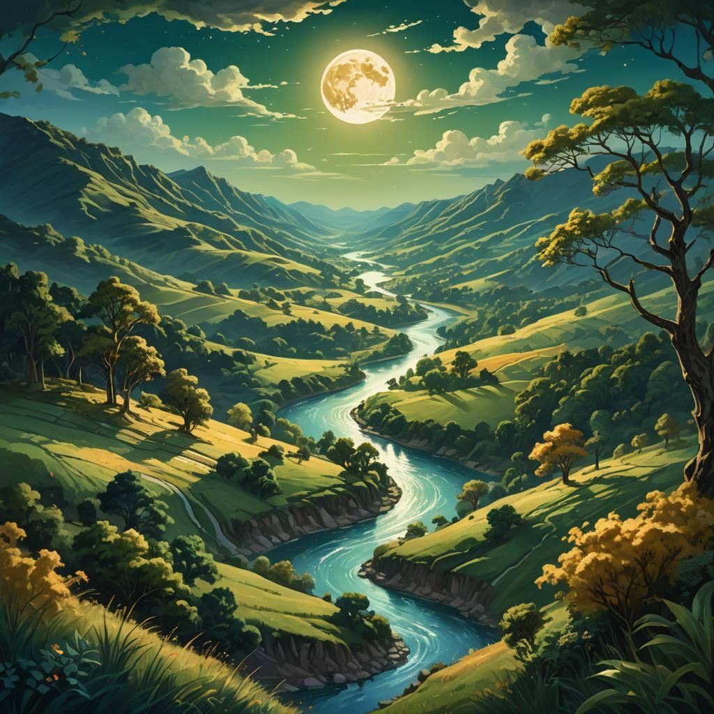 Fantasy Landscape Under Shimmering Moon, Matte Painting