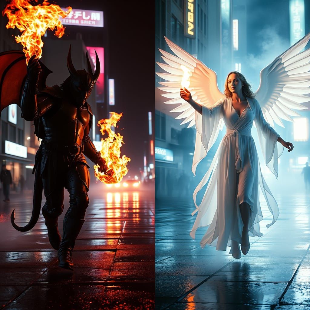 Fire Demon vs. Water Angel in Cyberpunk City