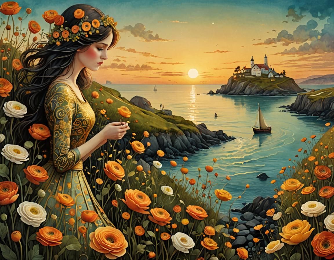 Seaside Ranunculus Garden at Sunset: Surreal Watercolor