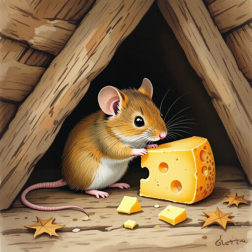 Mouse Stealing Cheese in Beatrix Potter Style