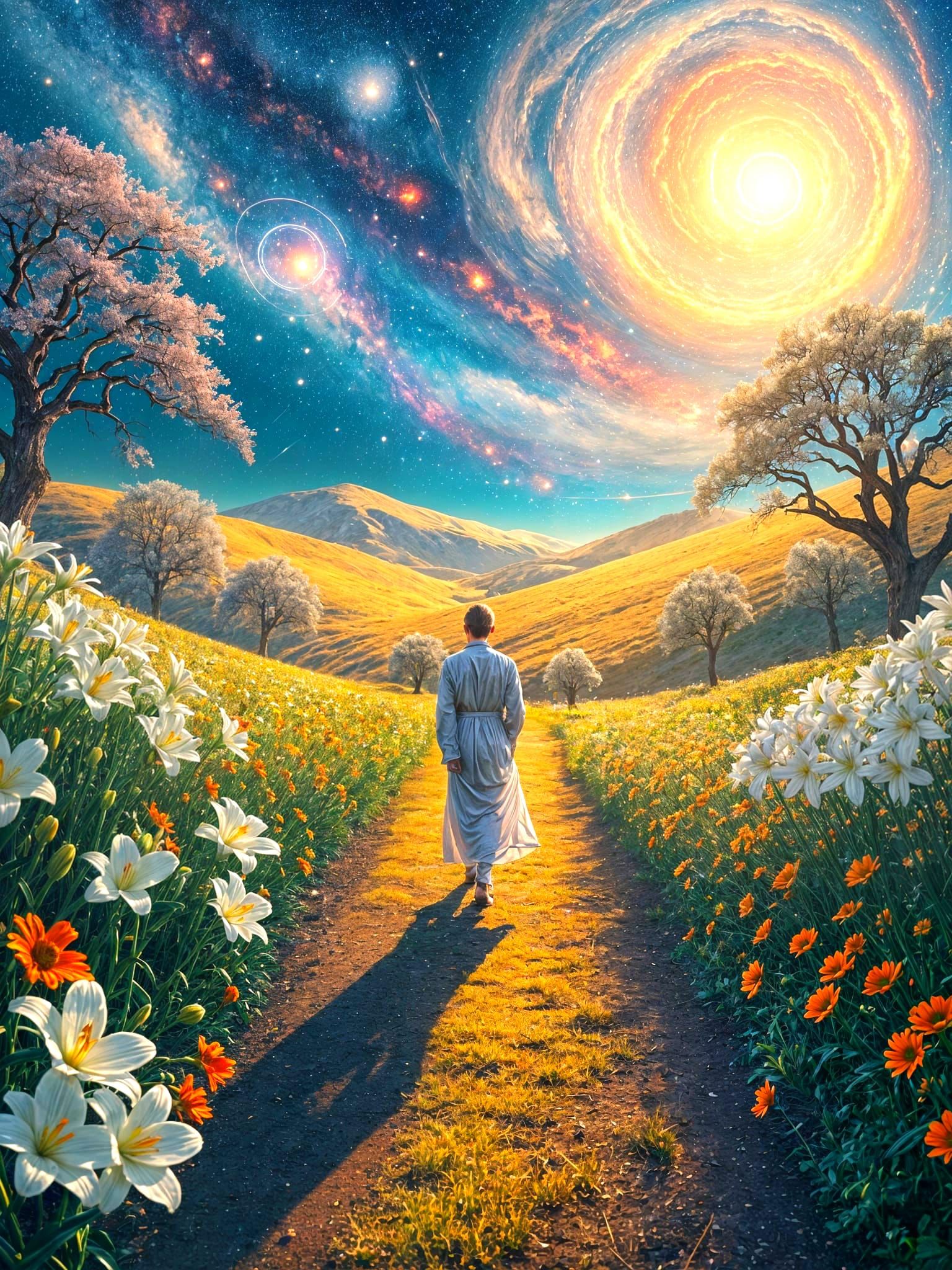 Dreamlike Cosmic Journey Through Vibrant Lilies and Apricot ...