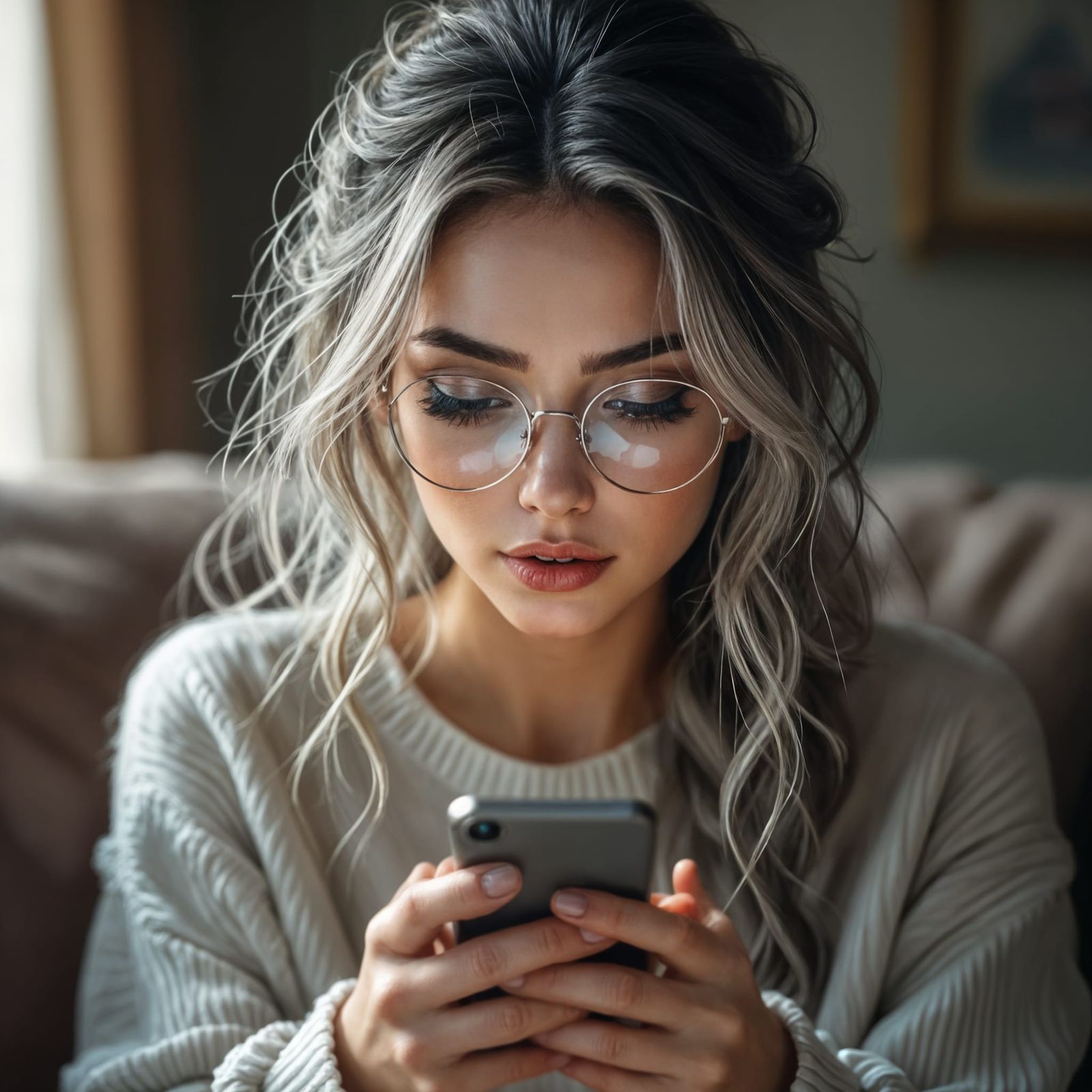Woman with Pale Skin and Glasses Gazes at Phone