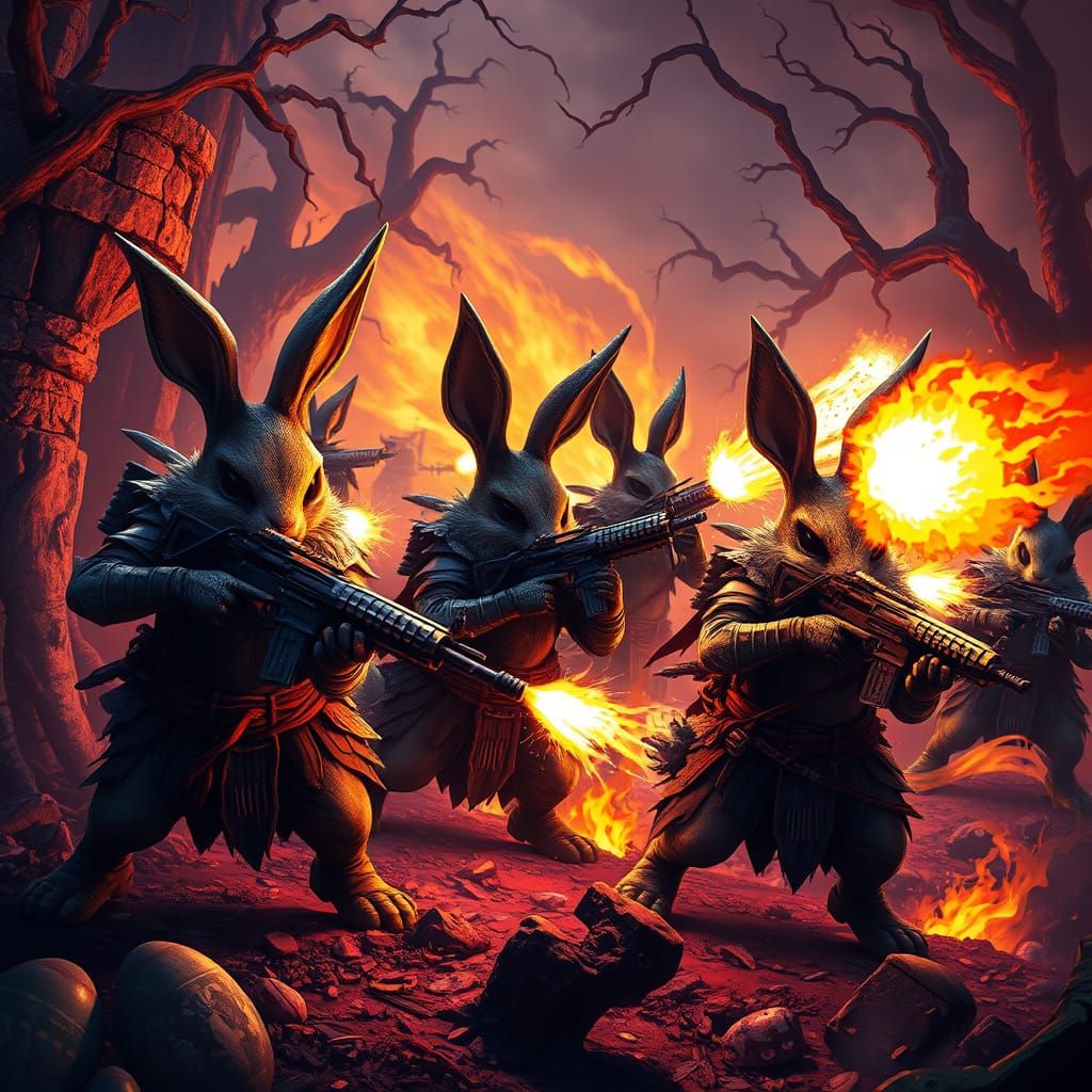 Dark Fantasy Easter Bunnies Unleash Grenades in Epic Battle