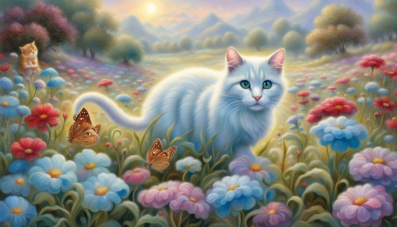 Icy-Eyed Cat in Flower Field: Ethereal Fantasy Art