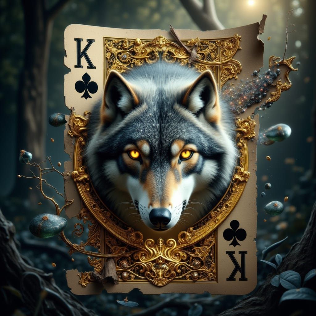 Majestic Wolf Emerges from Antique Playing Card in Dreamlike...