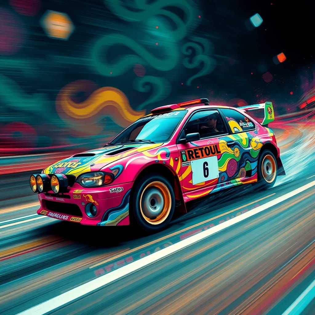 Rally car wrapped in "dreaming from the waist" artwork