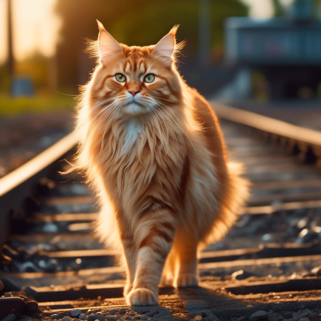 Orange Tabby Cat on Railroad Track in Evening Light